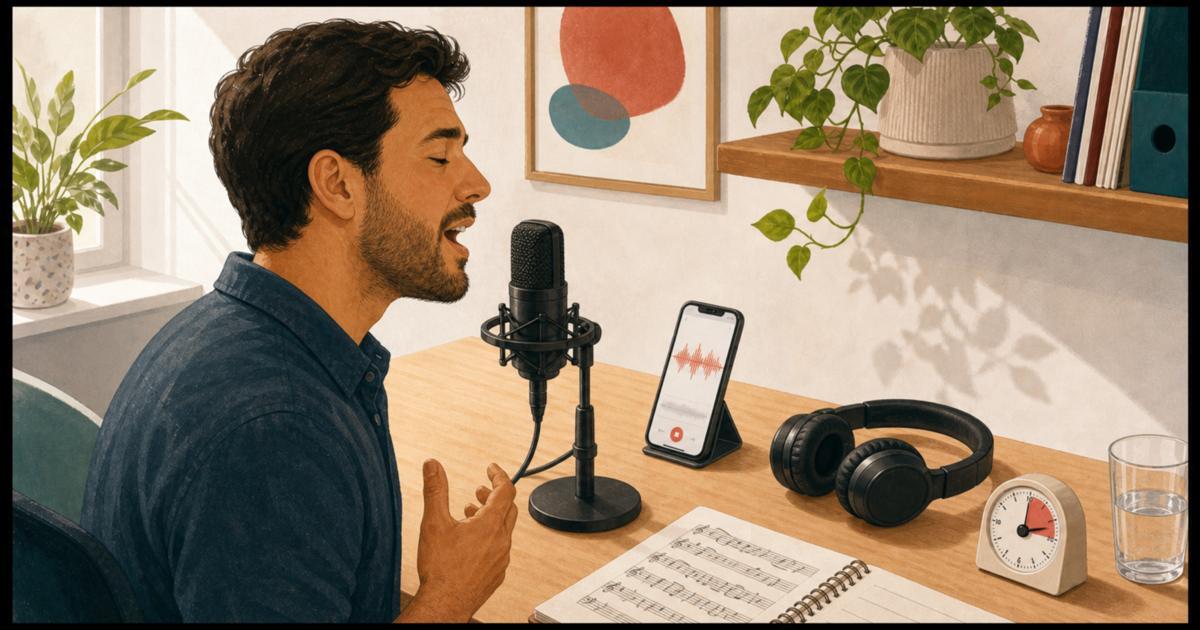Man practicing singing into a microphone while recording his voice