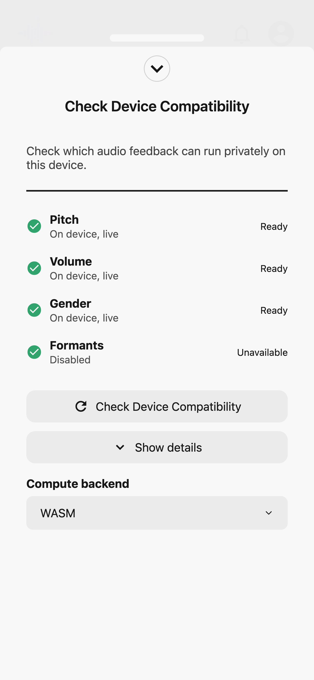 Strivocal device compatibility results showing pitch, volume, and perceived gender ready for live on-device analysis, with formants unavailable.