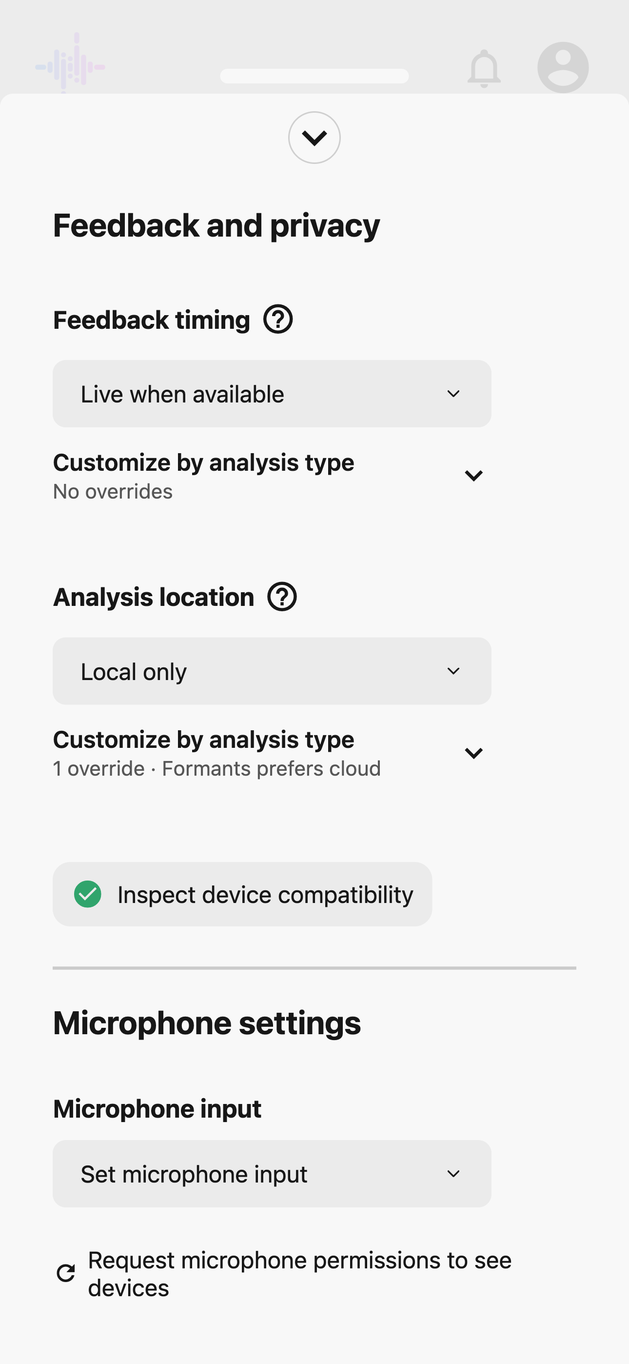 Strivocal Feedback and privacy settings showing feedback timing, analysis location, device compatibility, and microphone settings.